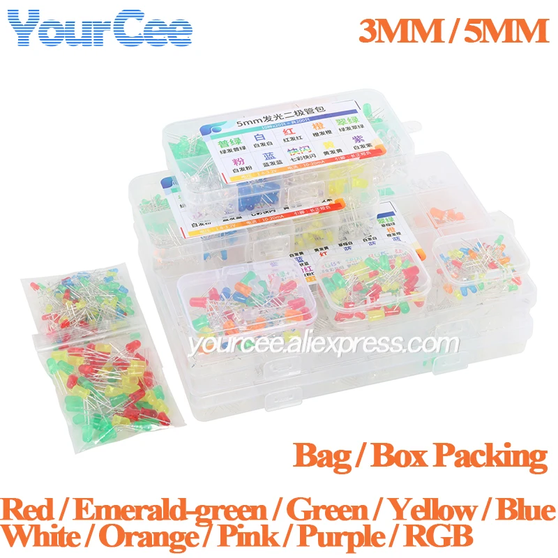 200pcs/60pcs LED Light Component Kit 3mm 5mm F3 F5 LED Diode Assortment Pack Bag Box Red green yellow blue white orange pink