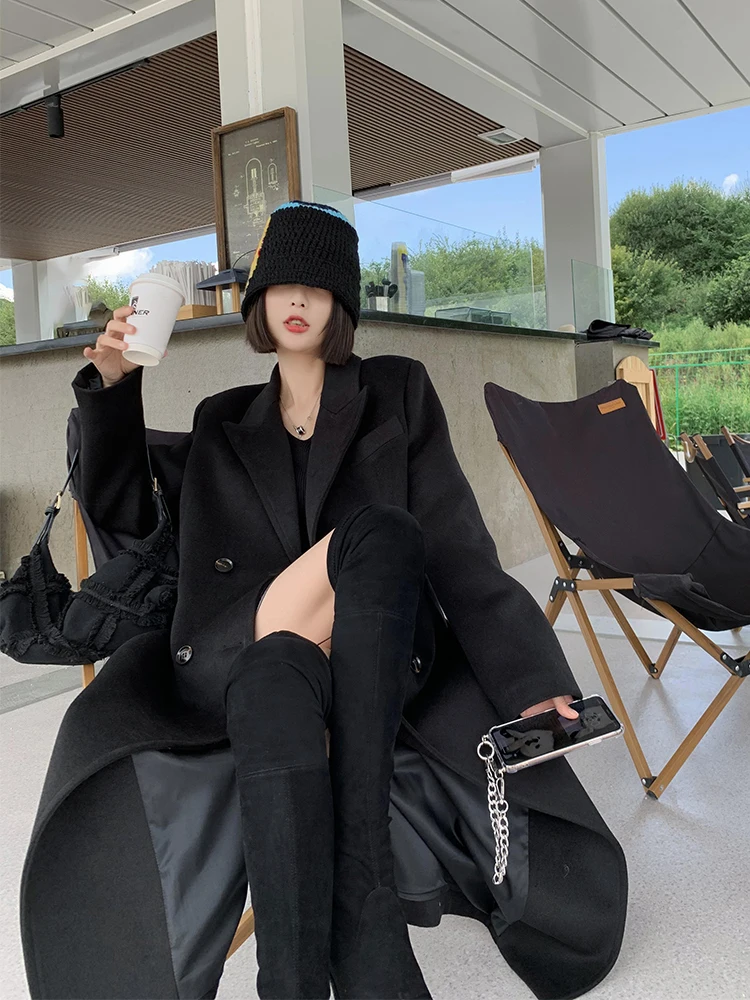 

Женское шерстяное пальто Bla, новинка 2025, ультра длинное универсальное пальто выше колена в стиле ретро, корейское пальто прямого кроя