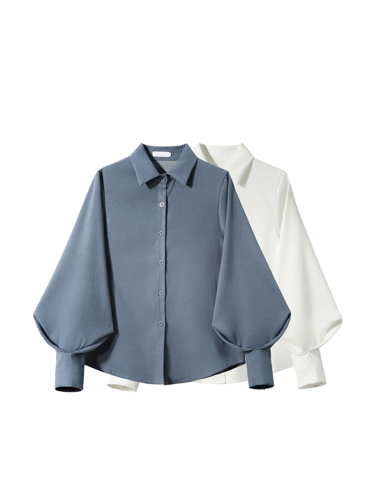 Women's Blue Blouses and Shirts Y2k Vintage 2000s Aesthetic Elegant Puff Sleeve Polo-Neck Shirt For Women Clothes Spring 2026