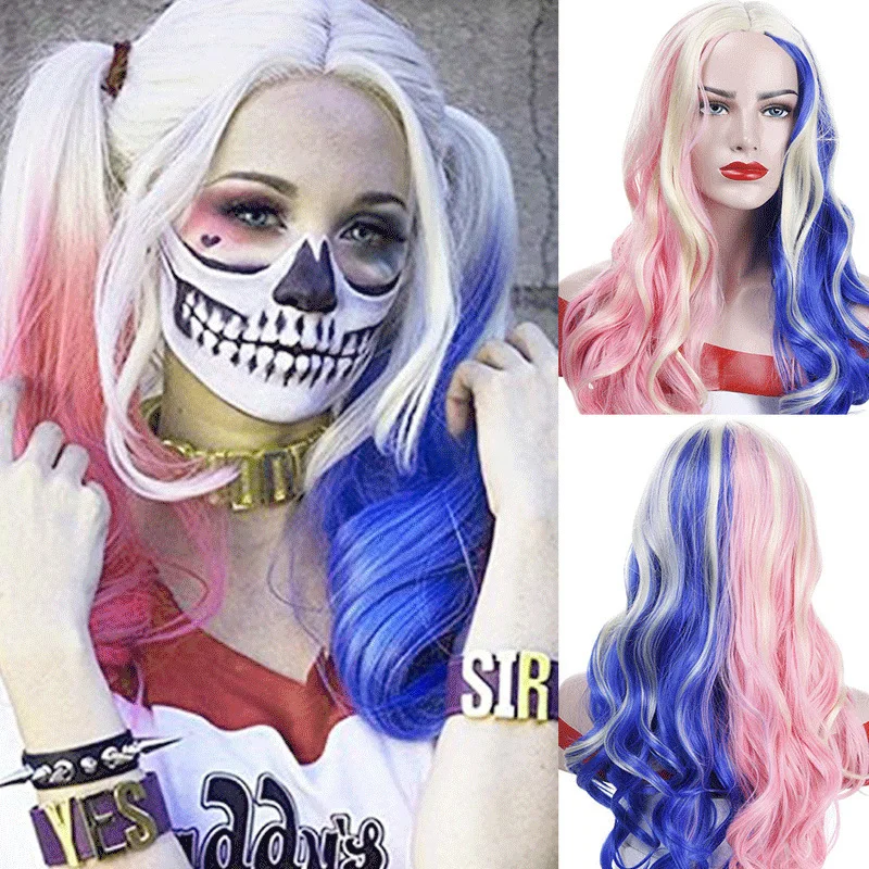 Color Suicide Squad Harley Girl  COS Universal Long Curly Hair Wig Head Cover Medium Parting Big Wavy Chemical Fiber Hair