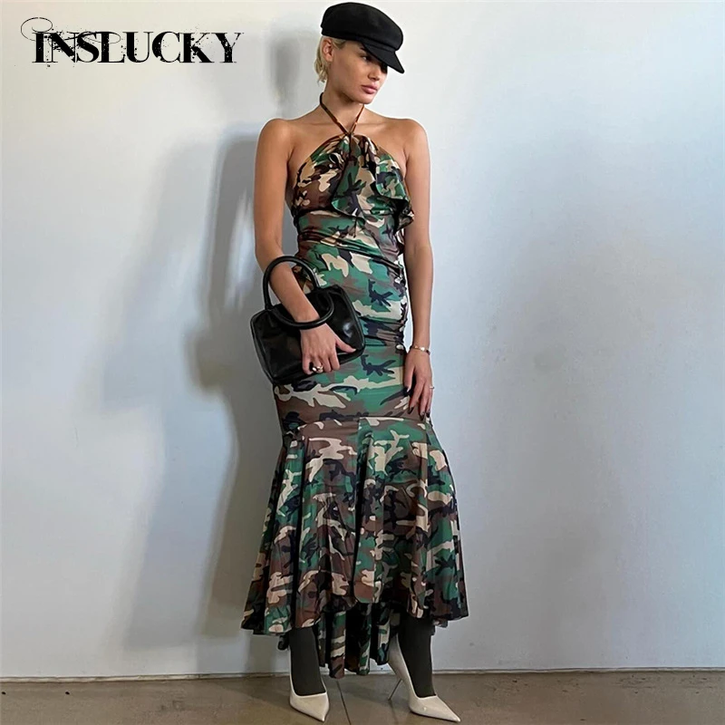 InsLucky Camouflage Halter Flounce Edge Irregular Hem Midi Dress Women Sexy Sleeveless Backless Dress Punk Club Party Streetwear