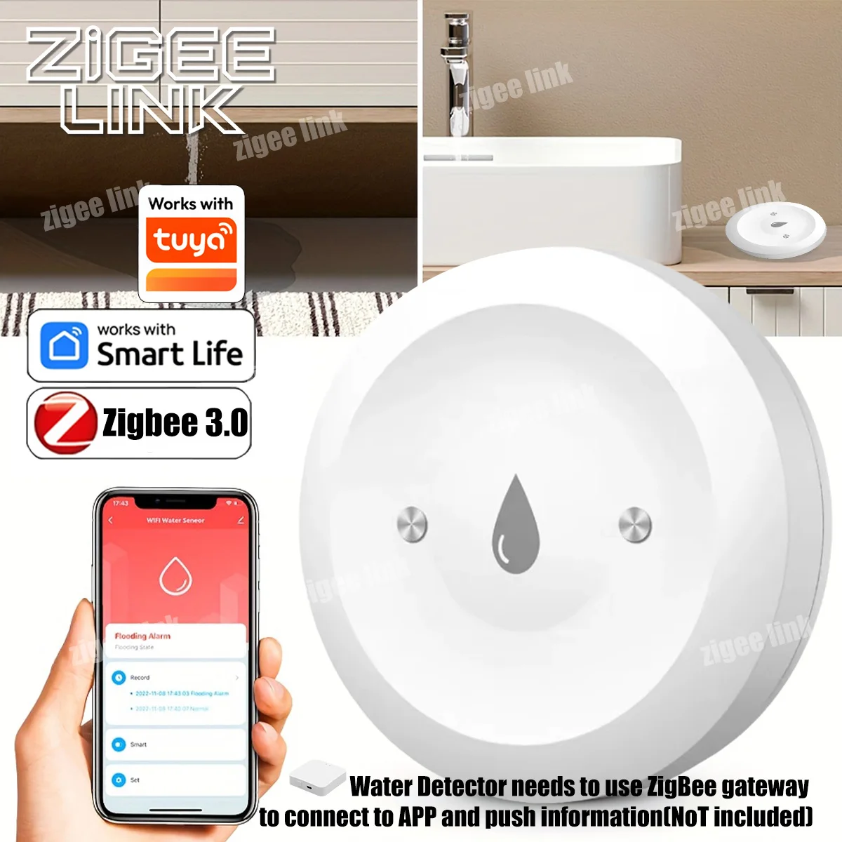 

Умный датчик воды ZigBee 3.0 для приложения Tuya, детектор протечек воды, сигнализация, защита от наводнений, требуется шлюз Zigbee.