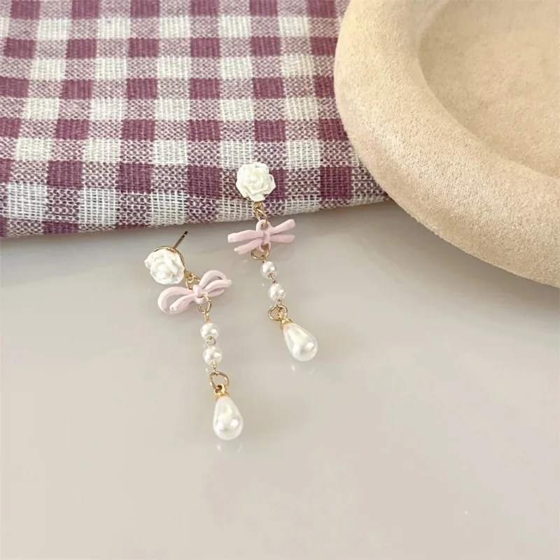 Lovely Bow Brincos Pingente, Mini Luxo Bow Heart Ear Stud, Vintage elegante, linda rosa, novo