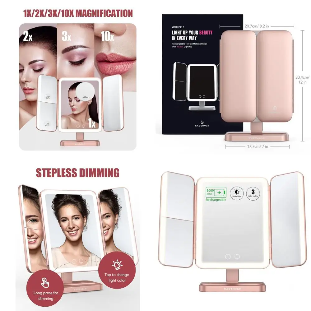 Miroir de courtoisie éclairé avec 116 LED, lumière tricolore, grossissement 2X/3X/10X, batterie 5000mAh, commande tactile, miroir de maquillage G