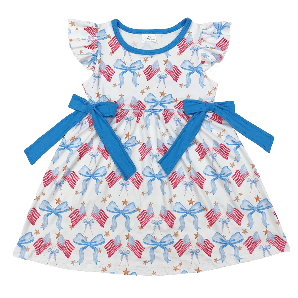

GSD1825 Baby Girls 4th Of July Bows Flags Flutter Sleeve Knee Length Dresses