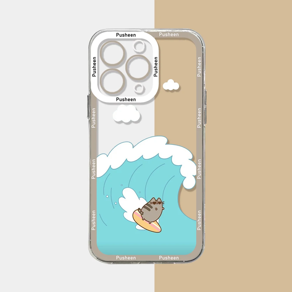 Funny Cute Pusheens Cat Phone Case For iPhone 15 14 13 12 11 Mini Pro Max X XR XSMax 6S 6 7 8 Plus SE20 Transparent Cover