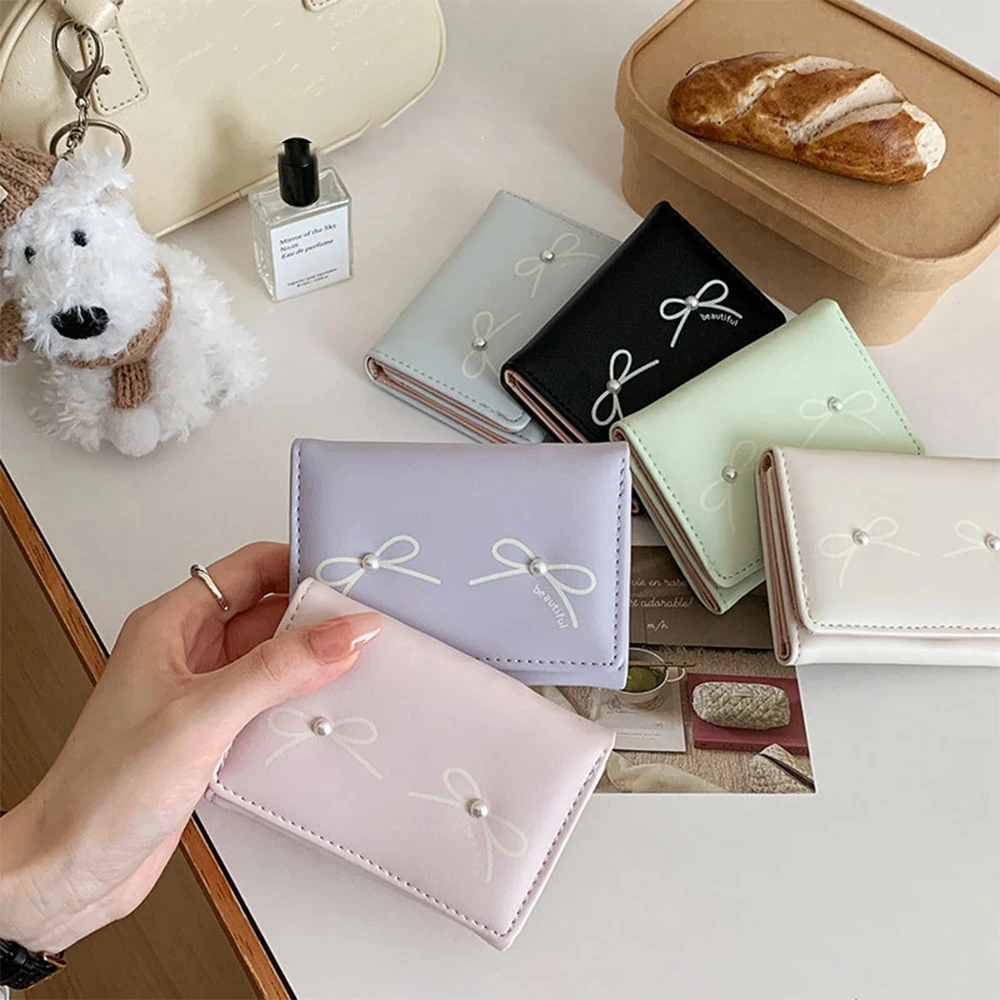 Cute Bow Pearl Short Wallet Card Bag Korean Style Women Girls Coin Purse PU Leather Three Fold Wallet Heart Photo Card Holder