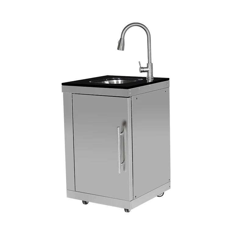 

Exterior Movable 4 Wheeled Black Marble Countertop Stainless Steel Faucet Stainless Steel 304 Outdoor Kitchen