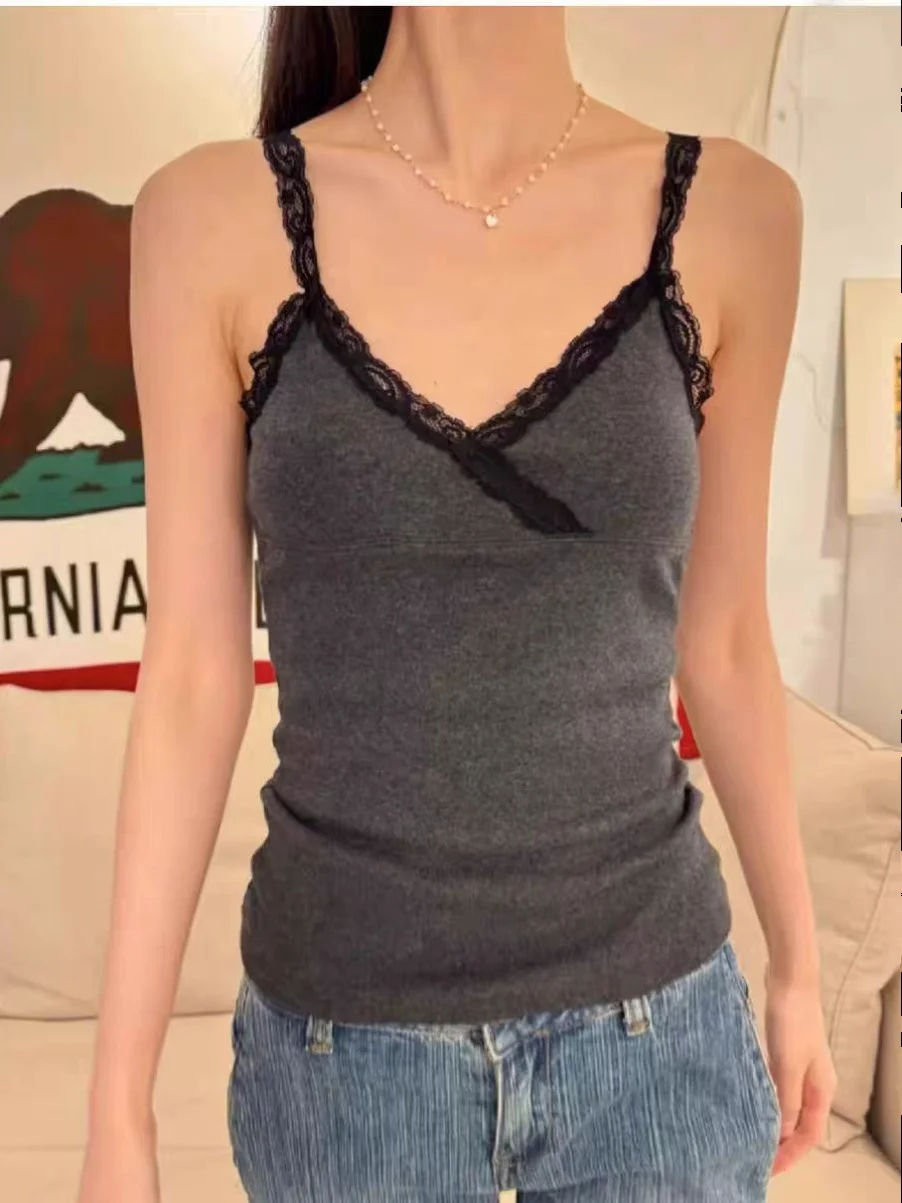 Lace V-neck Chic Suspender Tank For Women 2024 New Solid Color Casual Summer Vest Cotton Sleeveless Gray Bottom Y2K Harajuku Top