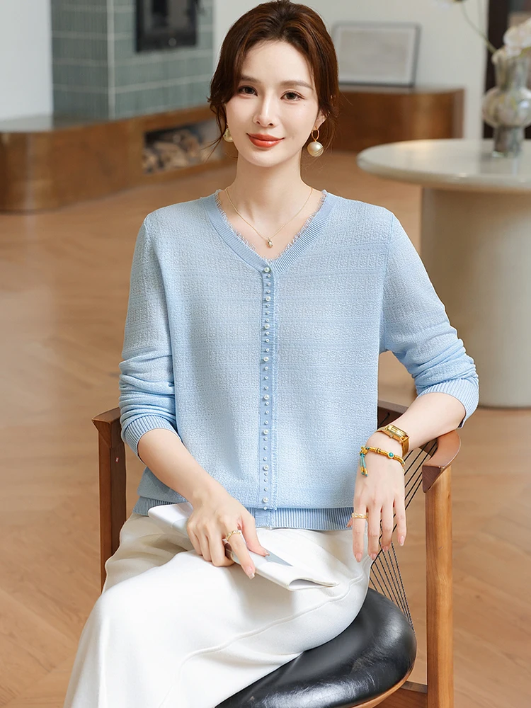 

Весенне-осенний вязаный свитер с v-образным вырезом и бисером, тонкий молодежный базовый повседневный свободный крой, женский модный топ