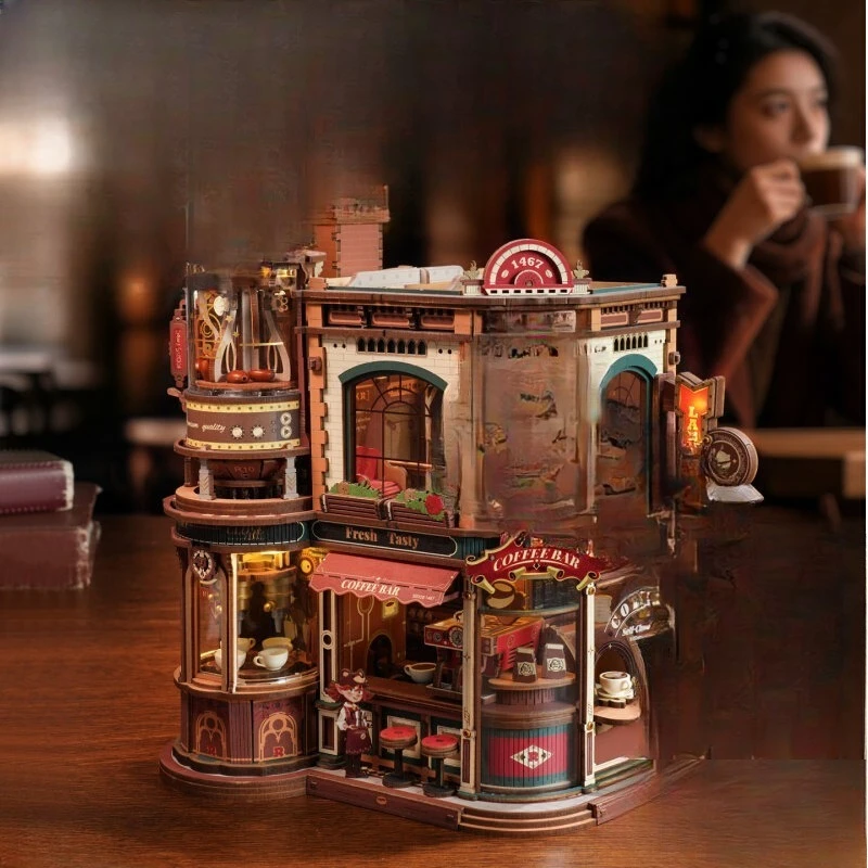 Coffee factory new year gift DIY birthday music box building block adult version wooden assembly three-dimensional puzzle