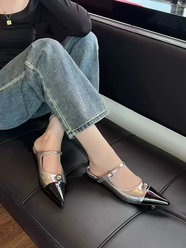 Women's Metallic Silver Slingback Mules Pointed Toe with Metal Stud Accent Adjustable Buckle Low Block Heel Futuristic Footwear