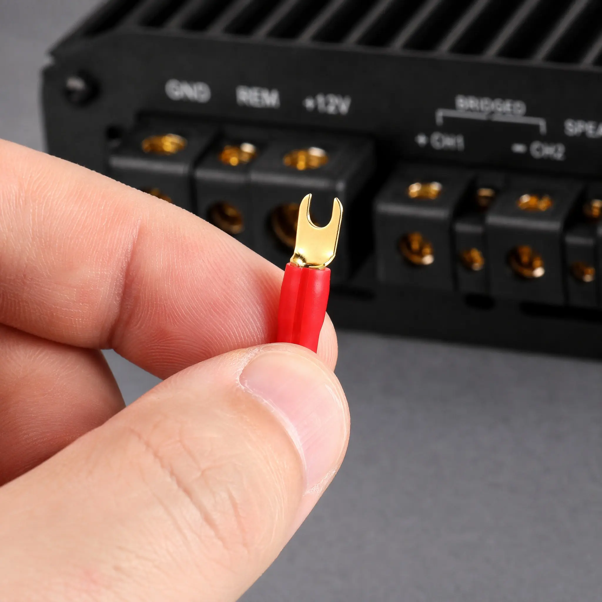 10Pairs Speaker Wire Crimp Terminal Connectors Copper Gold Plated 8Ga Spade Fork Barrier Spades Cable Plugs Red Black