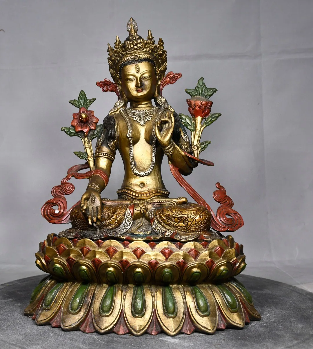 Tibetan copper ornament, brass cinnabar, painted white tara, seven eyed Buddha, Guanyin Bodhisattva, temple supplies 32cm