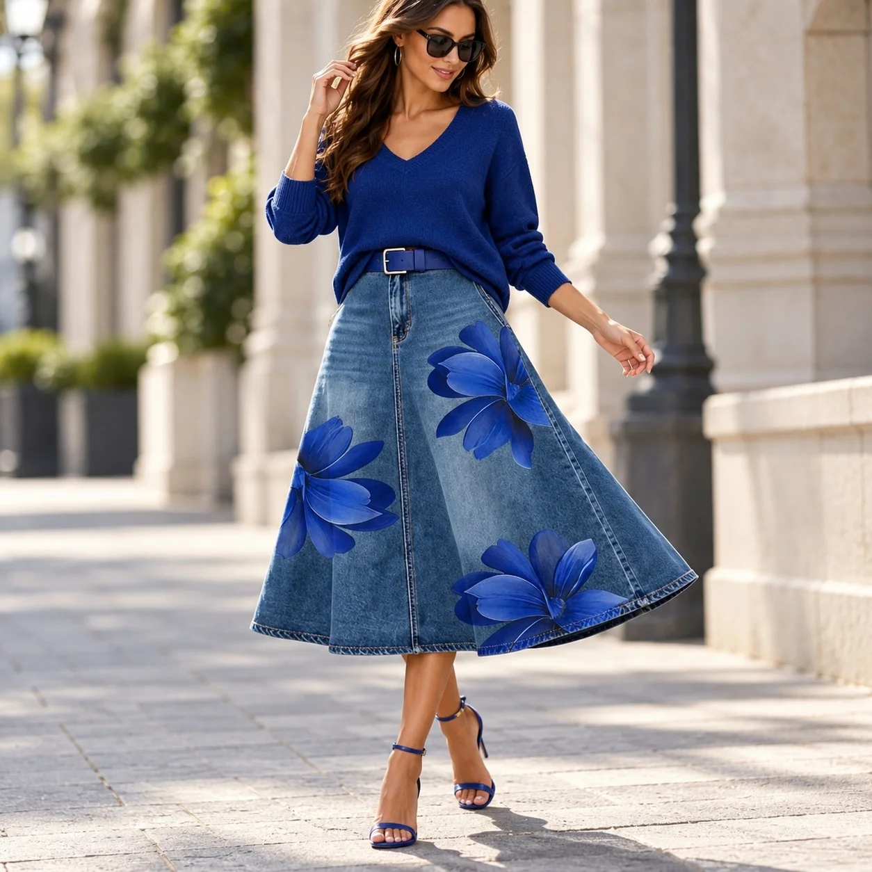 Printed Floral Pattern Skirt Midi Length Edgy Street with Patchwork Streetwear No Stretch Summer Full Swing Goth Women Skirt