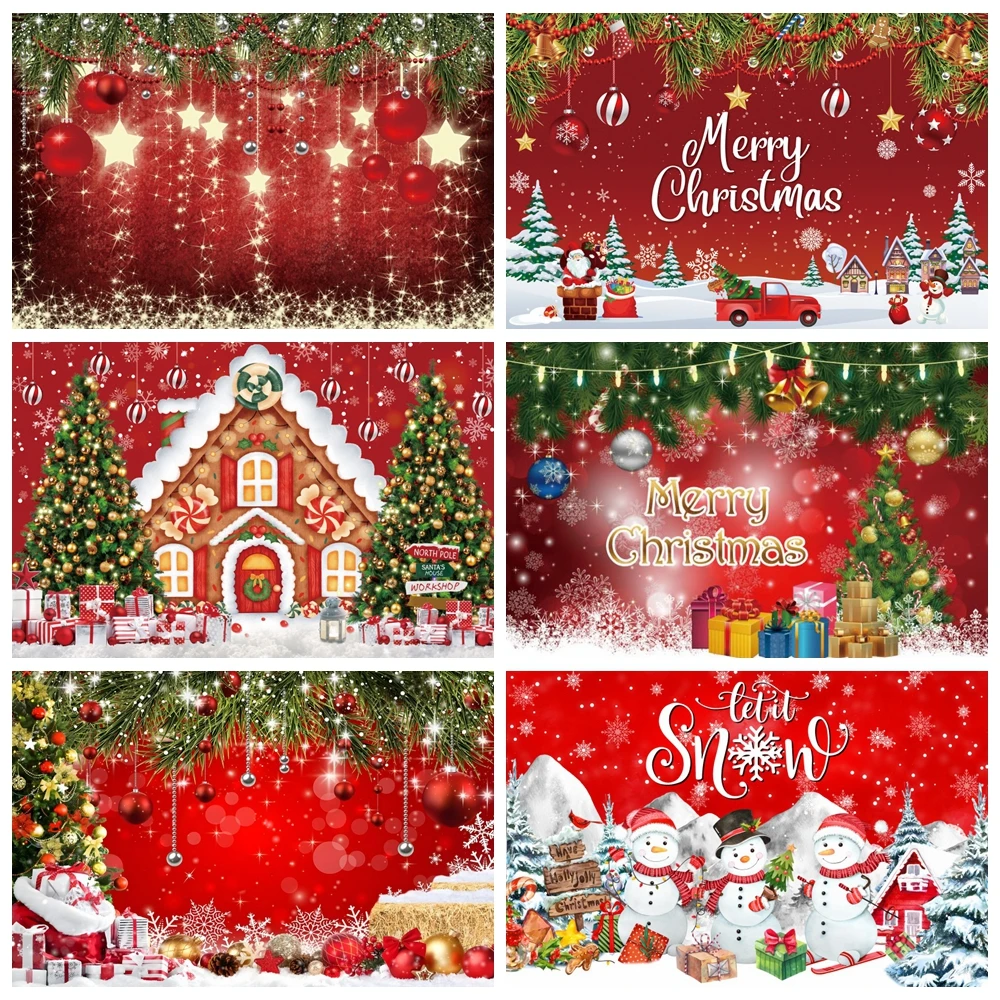 Red Merry Christmas Photography Backdrop Gold Glitter Cartoon Snowman Tree Gift Party Decor Baby Portrait Photo Background Props