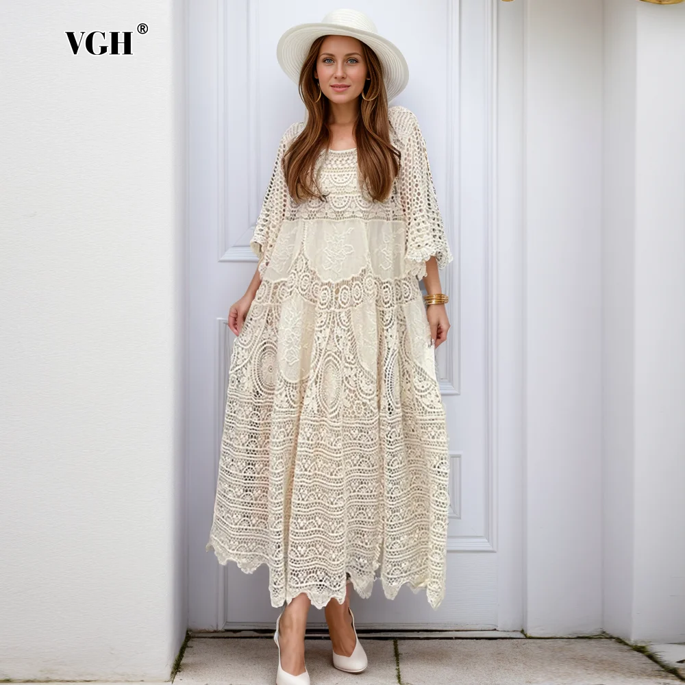 

VGH Solid Hollow Out Dresses For Women Round Neck Half Sleeve High Waist Temperament Knitting Long Dress Female Fashion Style