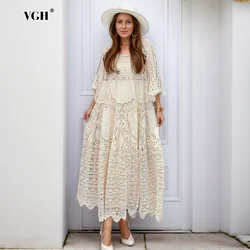 VGH Solid Hollow Out Dresses For Women Round Neck Half Sleeve High Waist Temperament Knitting Long Dress Female Fashion Style