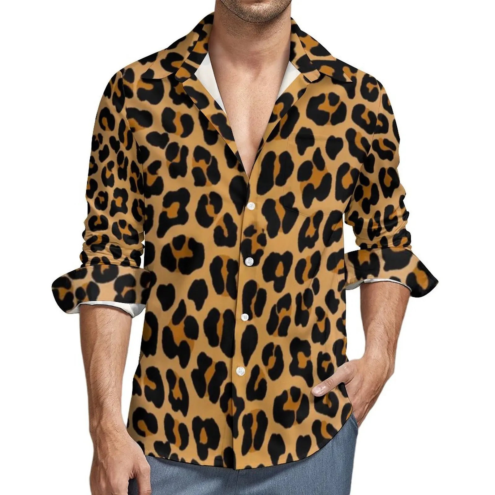 Animal Print Casual Shirts Yellow Leopard Elegant Shirt Spring Streetwear Oversized Blouses Men Long Sleeve Design Top Gift