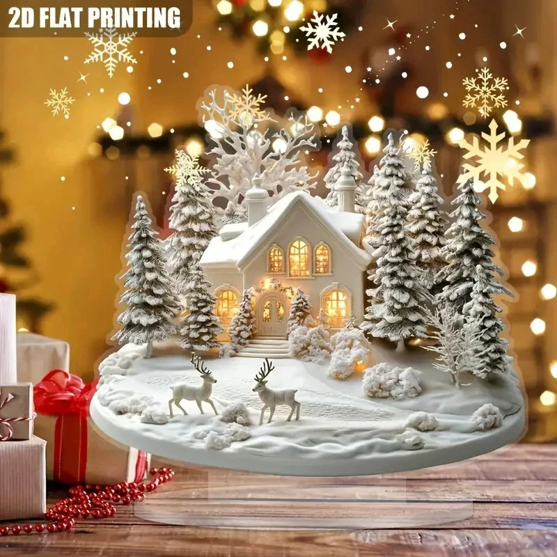 2d elegante acrílico decoração de natal casa de neve & cena de rena ornamentos de escritório em casa festivo quente festa presente foto adereços