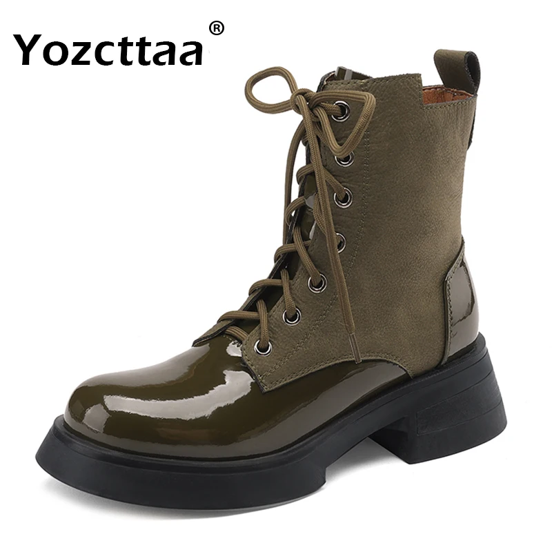 

Yozcttaa Size 34-39 Women Ankle Boots Real Leather Lace-Up Thick Heels Platform Shoes Fall Winter 2024 Zip Casual Short Booties