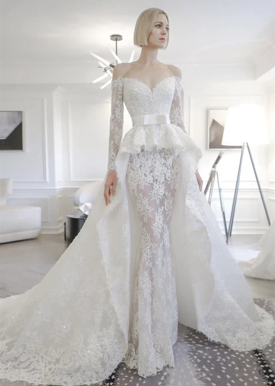 2 In I Lace Mermaid Wedding Dresses With Detachable Skirt Off Shoulder Long Sleeves Boho Beach Bridal Gowns Back Lace-Up Modern