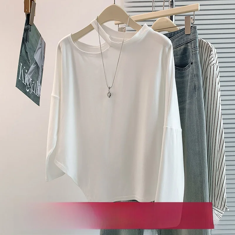 Spring Autumn Korean Design Base Layer Shirt Outwear Irregular Small Detail Versatile Pure Color T-Shirt Ladies Fashion