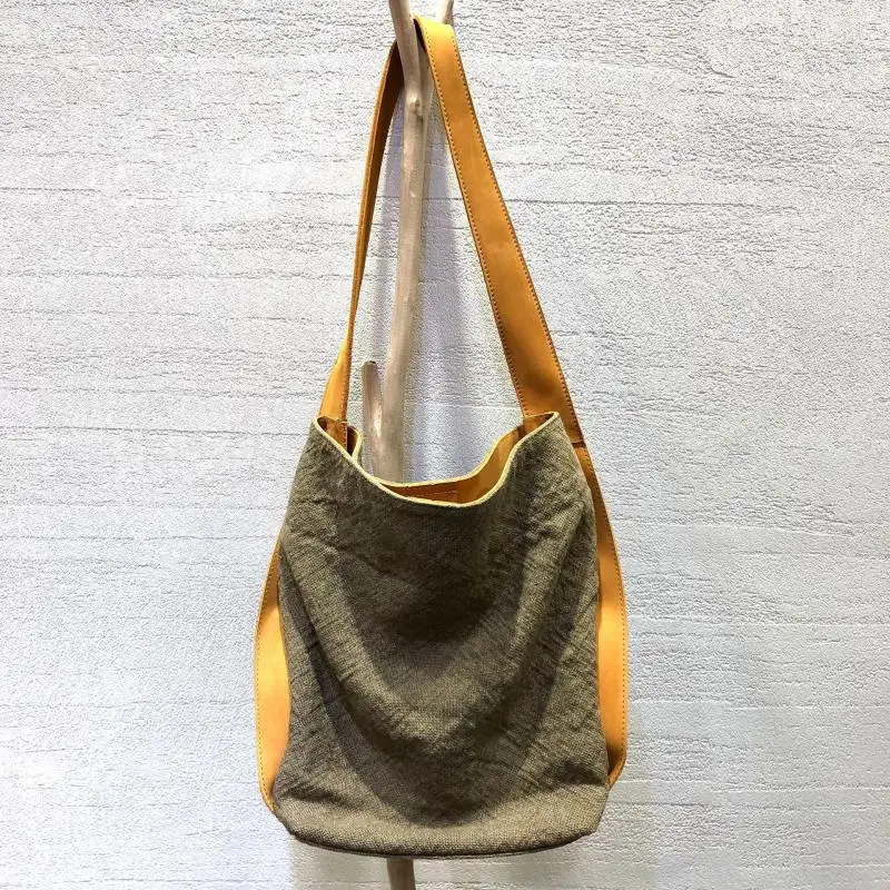 Retro Handmade Top Layer Cowhide Linen Cloth Single Shoulder Women Bag With Large Capacity Bucket Shaped Crossbody Bag For Women