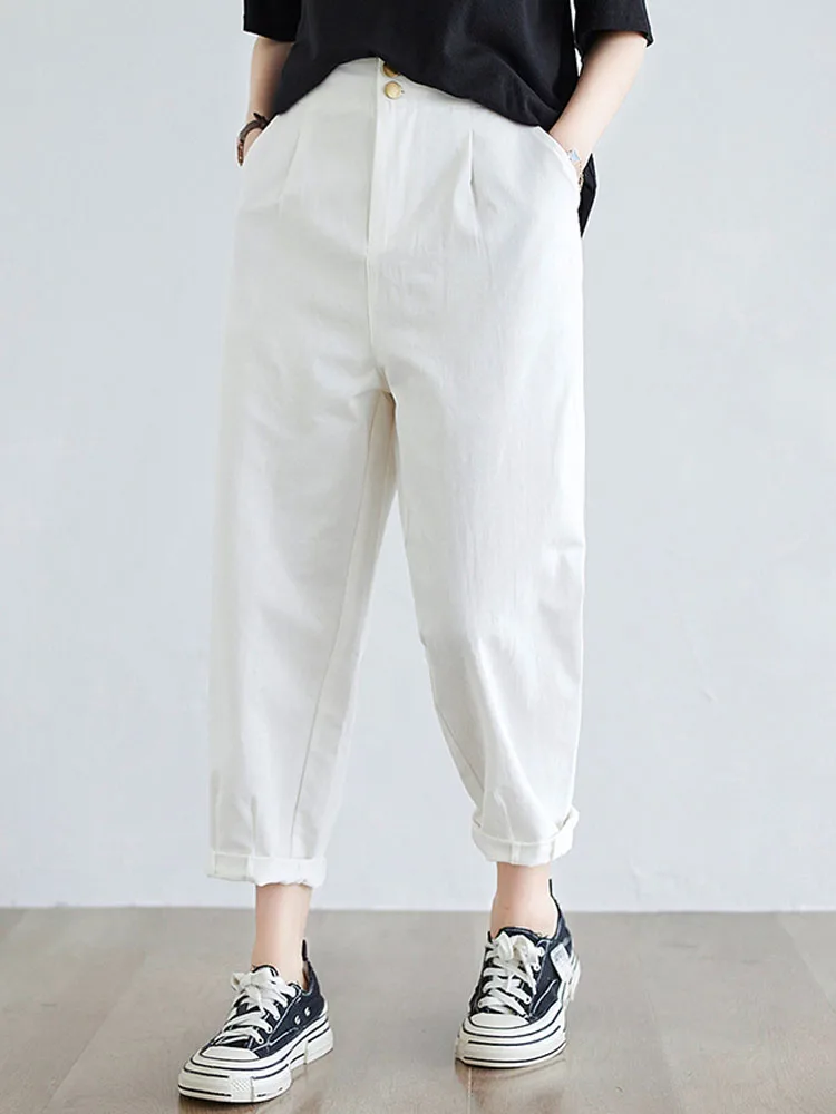 8095 Spring Summer Women White Pants Simple Classic Solid Color High Waist Double Buttons Casual Loose Female Harem Trousers