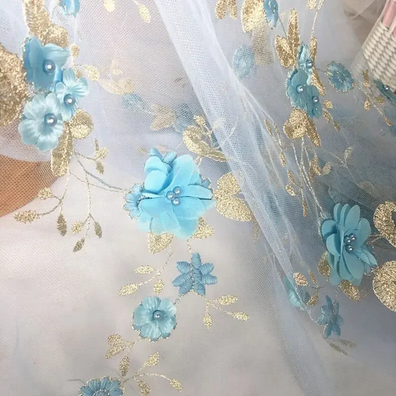 7 colores 3D flores de gasa bordado dorado tela de encaje flor con cuentas perlas tela de tul para vestido de novia velo de novia