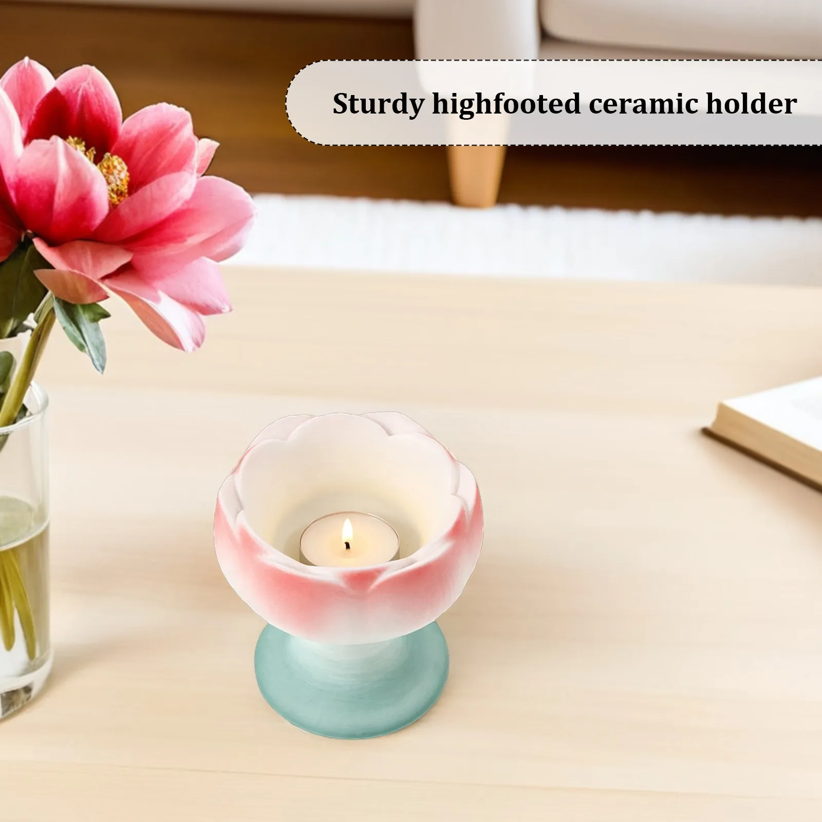 Ceramic Lotus Flower Holder Elevated Base Taper Tea Light Incense Holder Buddhist Worship Temple Shrine Spiritual Decor
