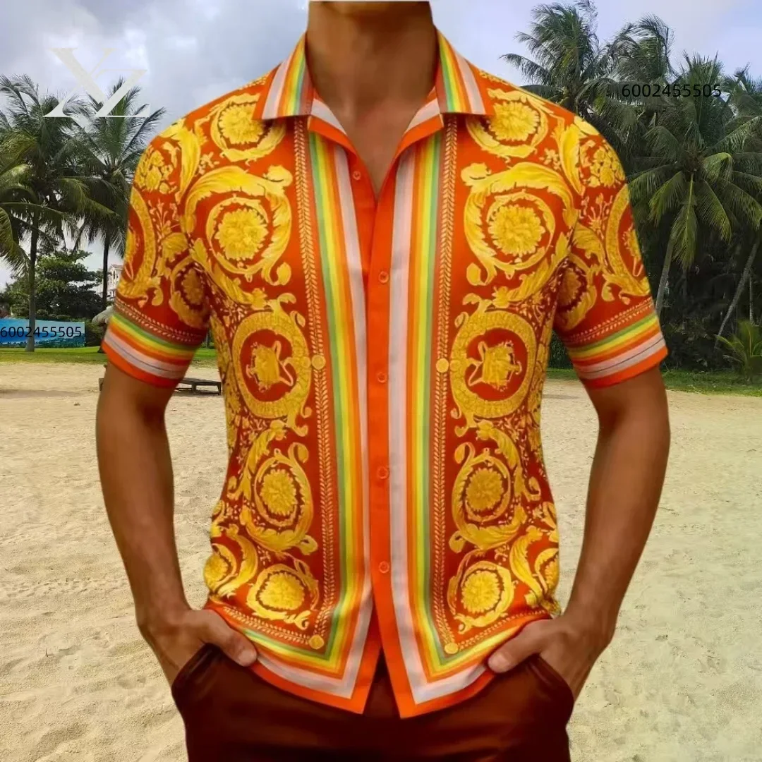 New high-quality men's short-sleeved shirt with luxurious golden Baroque cord print. Exquisite shirt. Suitable for street wear.