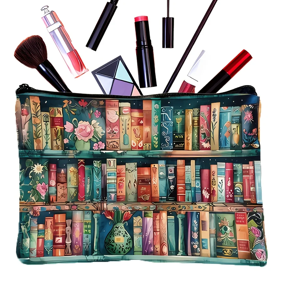 Stylish Book Lover's  Makeup Bag – Double Sided Print with Vibrant Bookshelf Design
