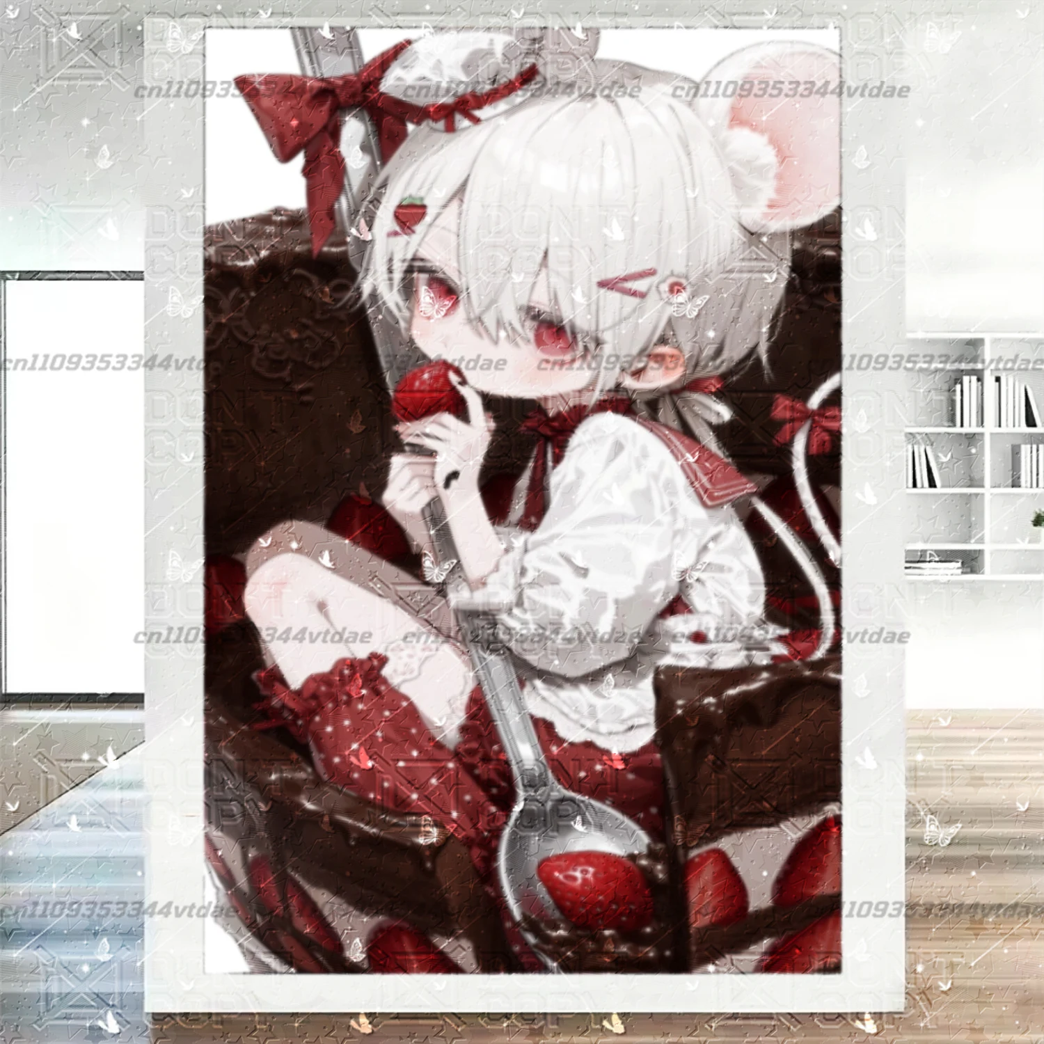Kawaii Anime Wall Tapestry, Chibi Mouse Girl With Strawberry Chocolate Cup Print Vintage Sweet Style Cloth for Teen Dorm Room