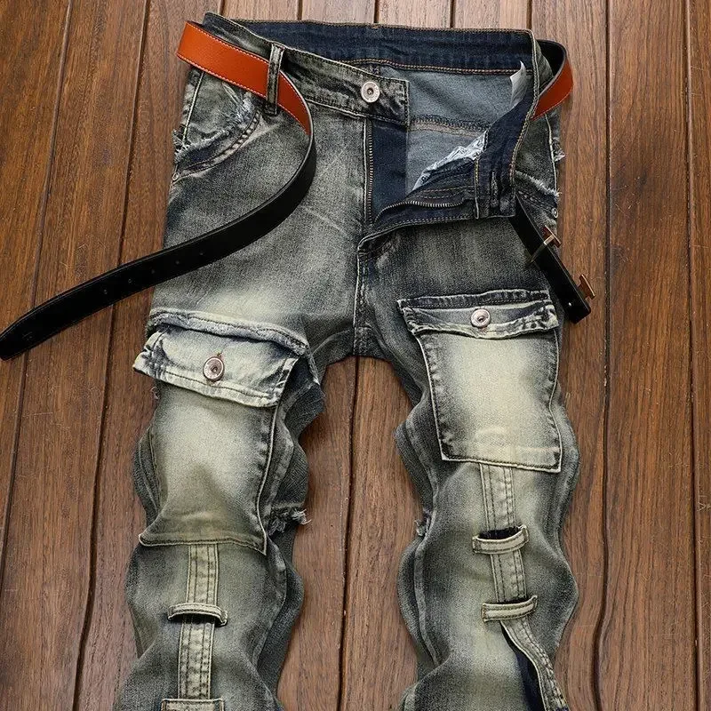 ポップ高品質ファッション高級レトロメンズデニムジーンズ韓国スタイルヴィンテージカジュアルパンクオートバイデザイナー乗馬カーゴ Je