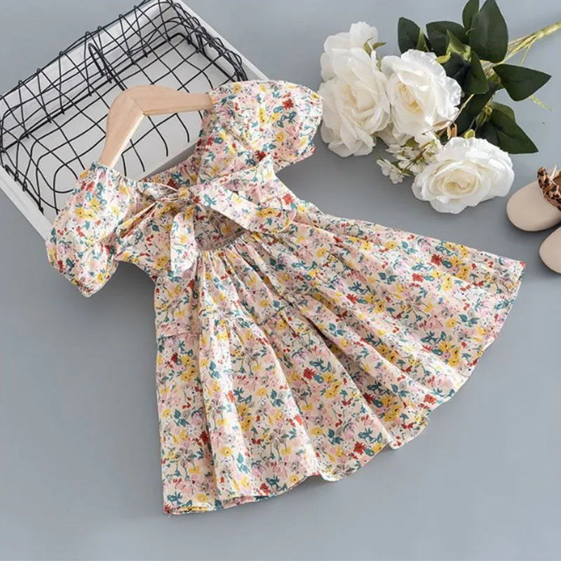 Girls\' dress summer new children\'s clothing backless lace up A-line skirt countryside floral bubble sleeve princess skirt