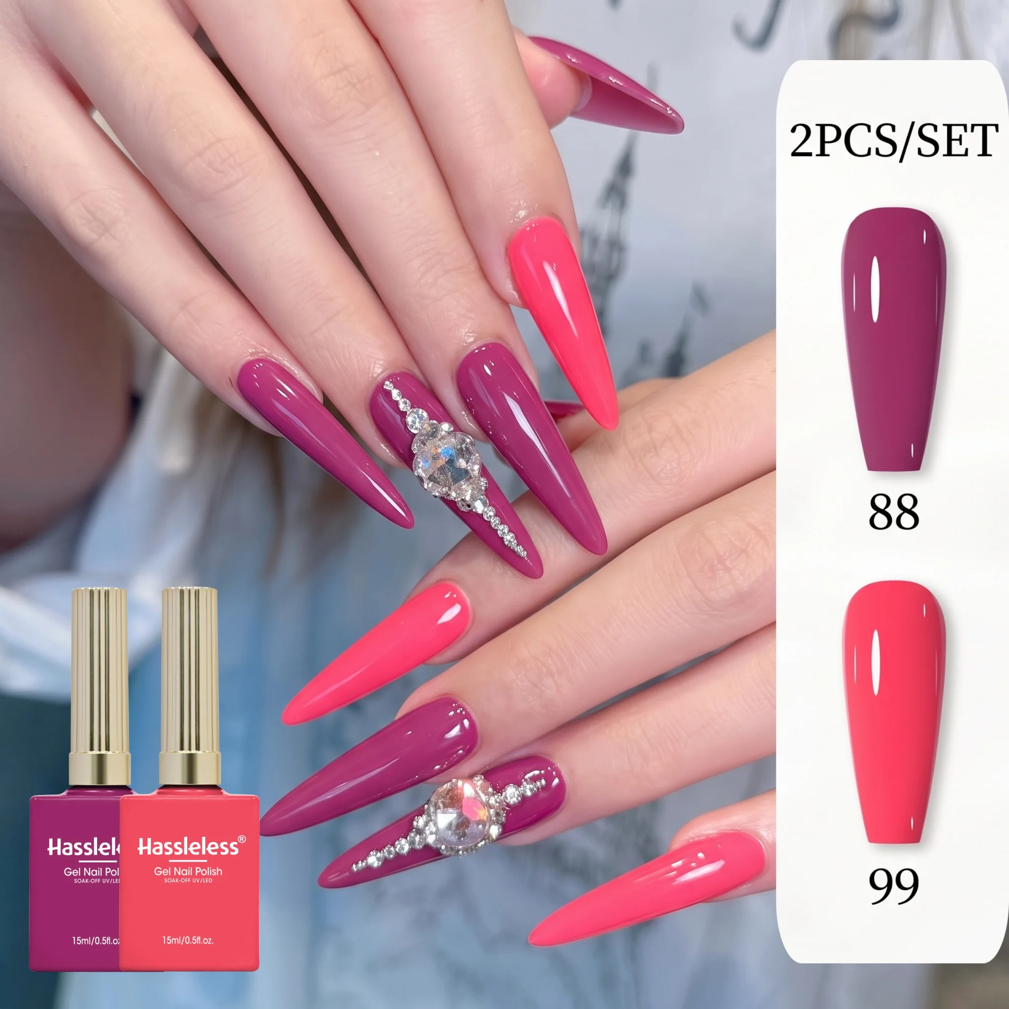 Hassleless 2Pcs Pink Nail Polish Gel Set, 0.5 oz Large Capacity Bottle, Mixed Color and Solid Color Options, Low Odor, Long-Lasting