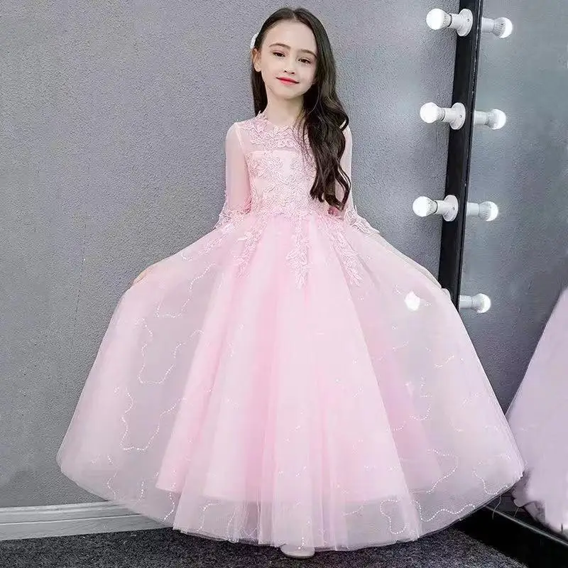 Elegant Briesdesmaid Girls Princess Puffy Dress for Kids Gauze Performance Costume Flower Girl Wedding Prom Party Pageant Gowns