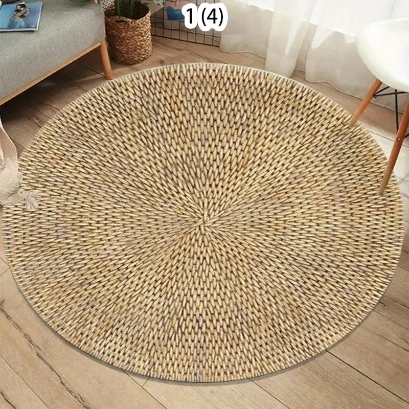 Natural Imitation Jute Texture flowers Round Rug Boho Farmhouse Home Decor Carpet Non-Slip Soft  Floor Mat for Living Room