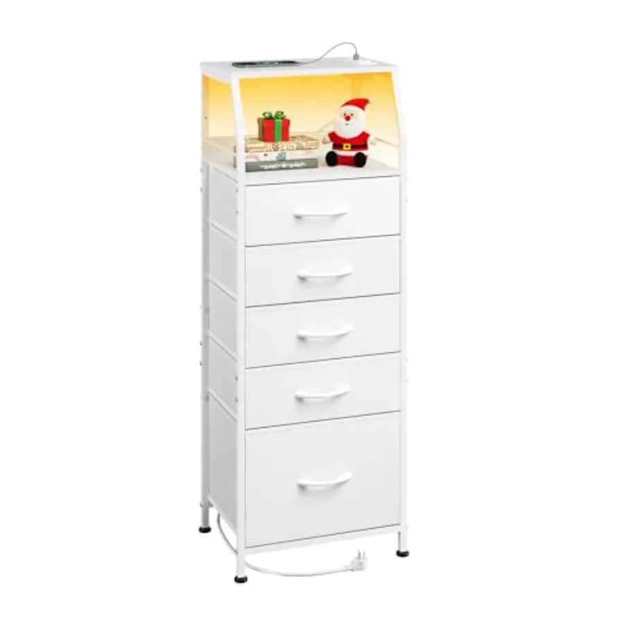 

LED Nightstand with Charging Station, Dresser with Fabric for Bedroom, Tall Night Stand with Open Shelves, Bed Side Tables Livi