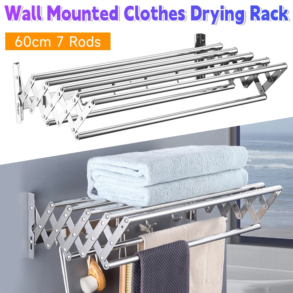 

Wall Mounted Laundry Drying Rack Metal Clothes Drying Rack 7 Rods 5 Hooks Space Saving Laundry Racks for Drying Towel Shoes