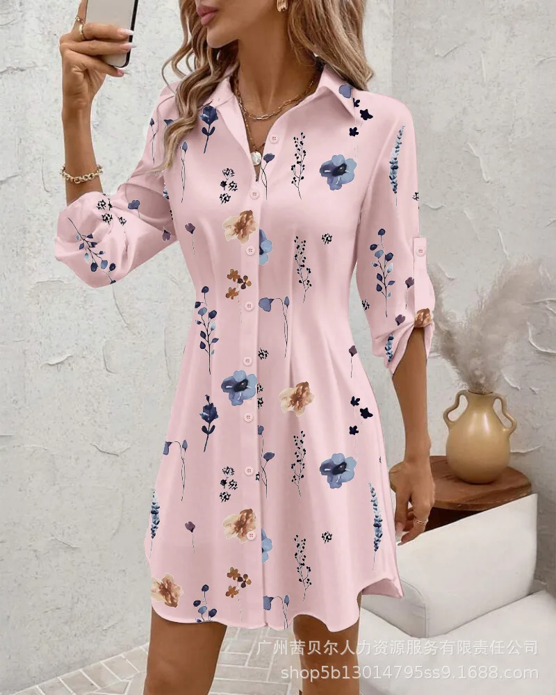 ผู้หญิงสูงเอวผีเสื้อพิมพ์ Turn-Down คอยาวแขนยาวลําลอง Shirred เสื้อชุด Bodycon เซ็กซี่