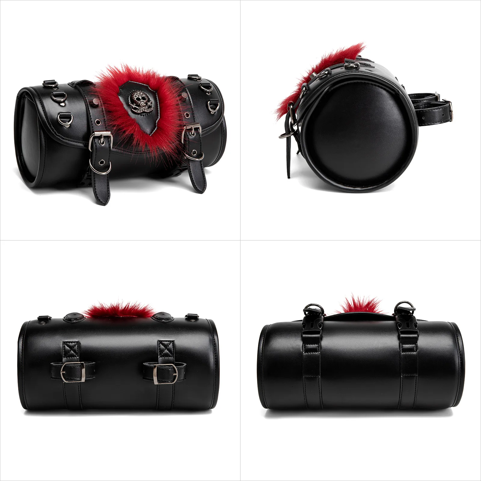 Pu Vintage Punk Style Modified Motorcycle Front Bag Motor Rider Equipment Storage Hanging Bag Red Decorative Fluff Skull Logo