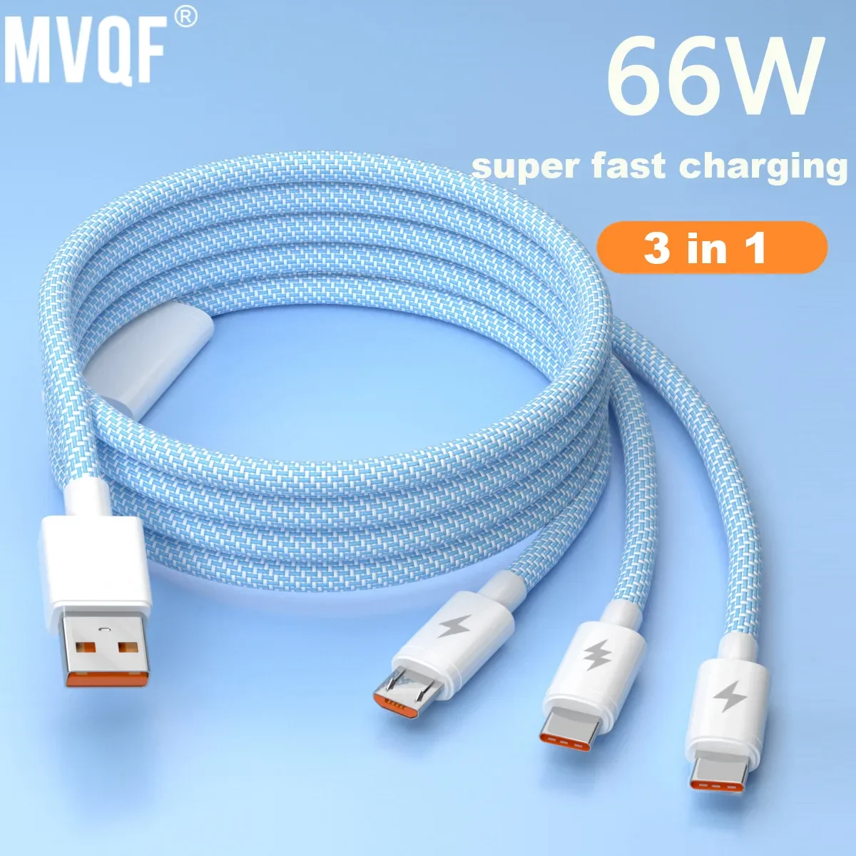 MVQF 3in1 66W Super Fast Charging Macarone Braided  Data Cable, Suitable for Iphone Huawei Xiaomi Android Type C Charging Cable