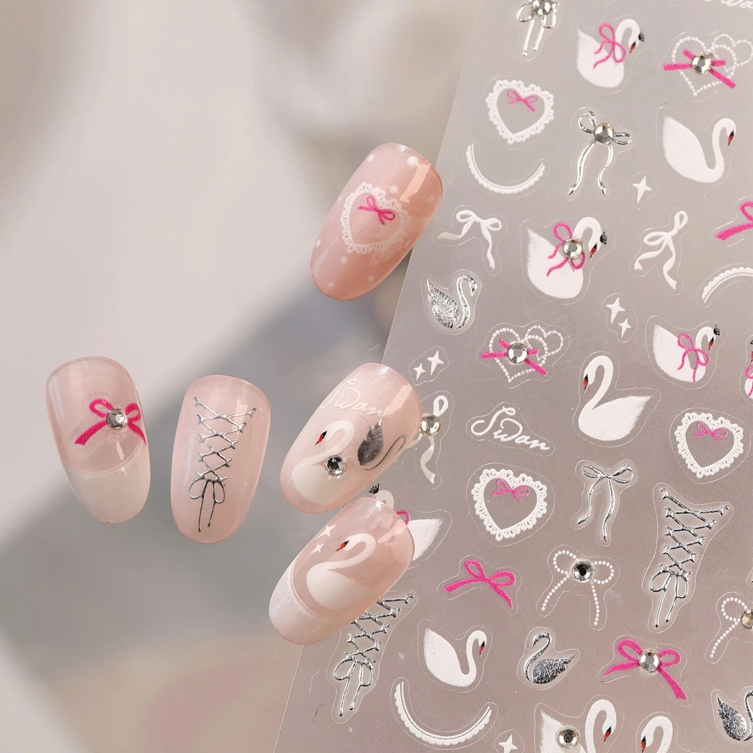 5D Cute Nail Stickers Silver White Swan Ribbon Bow Lace Strap Heart Rhinestone Ballet Girl Embossed Self Adhesive Decorations