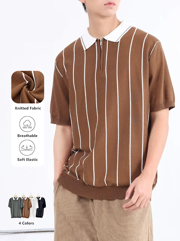 

Polo Shirts For Men Striped Knitwear Smart Casual Viscose Blends Summer Quality Soft Comfortable Elastic Silky Camisas De Hombre