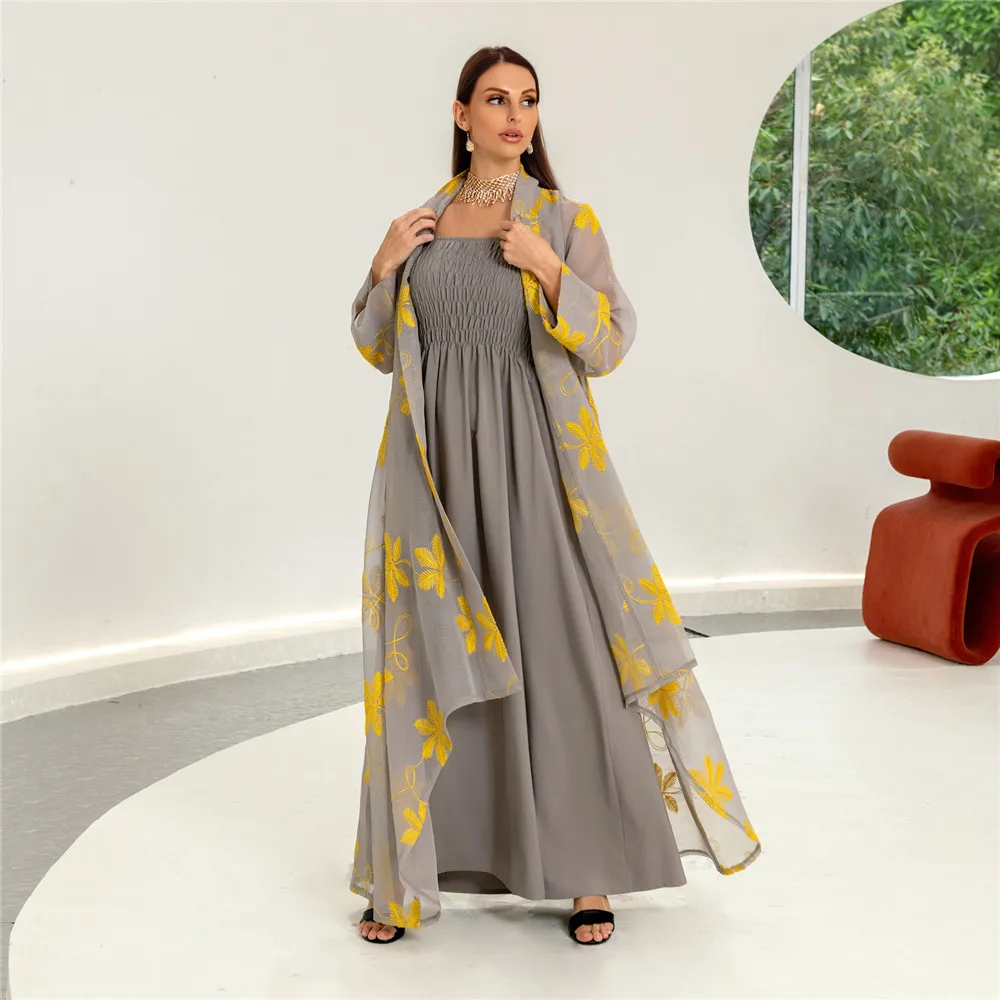 2 Pieces Set Elegant Women Dresses Abayas For Women Muslim Mesh Floral Embroidery Lace Belted Kaftan Dress Moroccan Outfits Robe