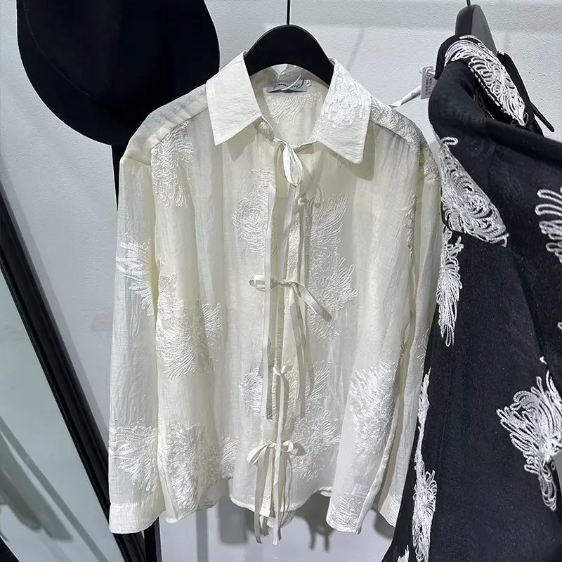 Design Sense Retro Style Hollow out Printed Loose Long Sleeves Shirt High-Grade Fashionable Transparent Men's and Women's Tops