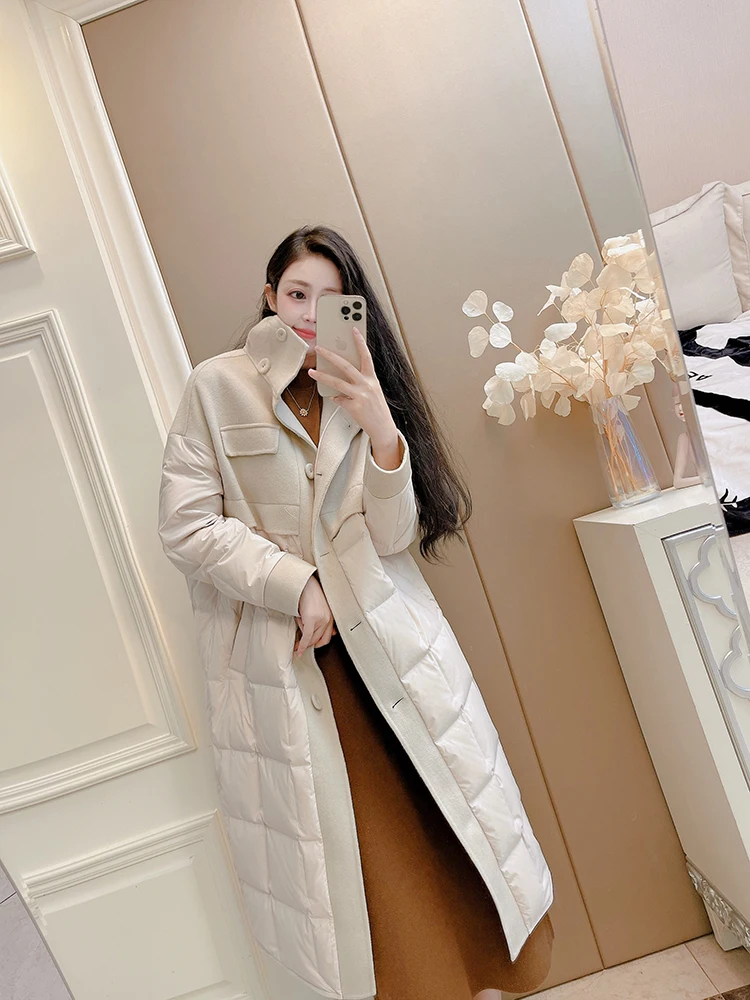 

Двусторонняя пуховая куртка-пэчворк с воротником-стойкой для женщин, новая зимняя модель, из белого гусиного пуха, шерстяное пальто средней длины