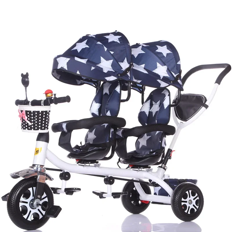 Twin Tricycle for Children, Double Baby Trike, Baby Stroller, 3 Wheel Bicycle, Kids Tricycle